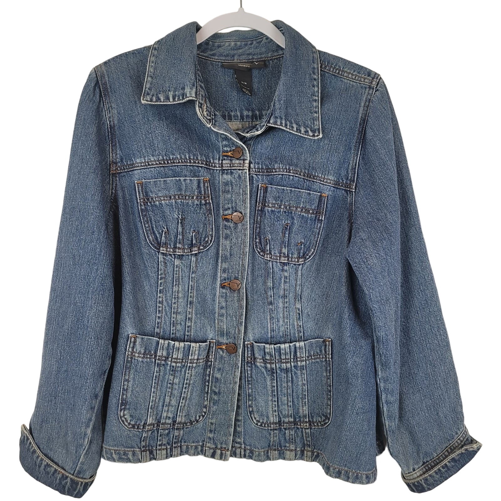 Vintage 90s Venezia Medium Wash 100% Cotton Denim Jacket, Size 14 / 16, Euc